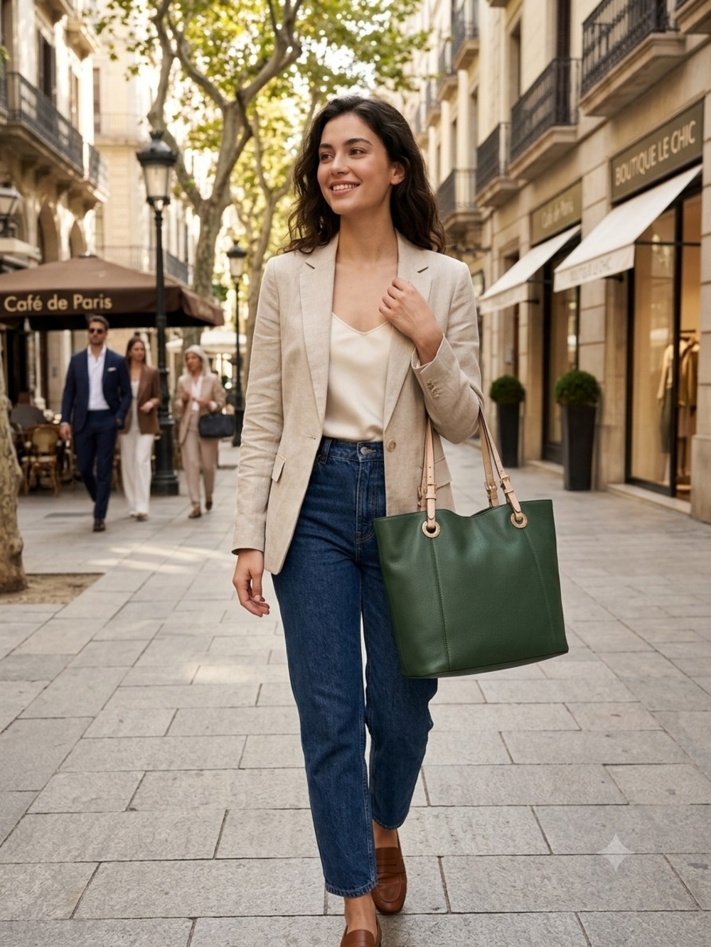 Structured Green Leather Tote with Contrast Cream Straps